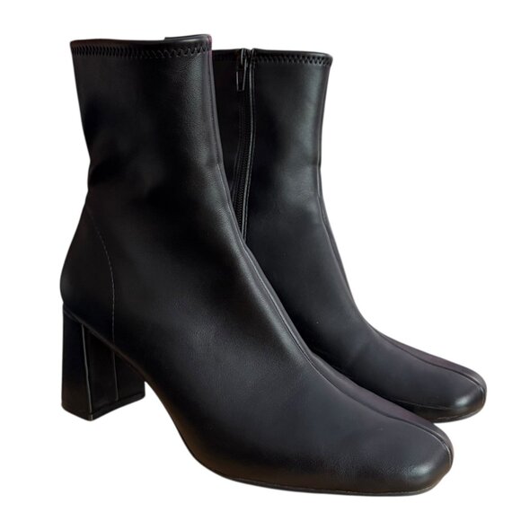 A New Day Faux Leather Square Toe Block Heel Ankle Boots Black 7.5 Minimalist - Picture 1 of 9